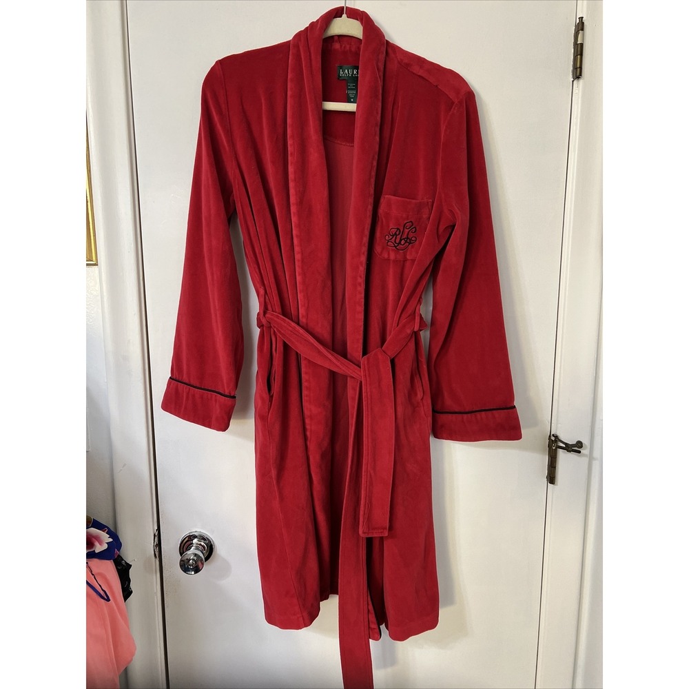 VTG Lauren Ralph Lauren Red Robe Embroidered Pocket Women's Size M‎ Black Trim